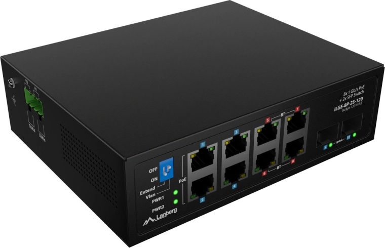 Lanberg ILGE-8P-2S-120 industrijsko PoE++ gigabitno stikalo za DIN letev