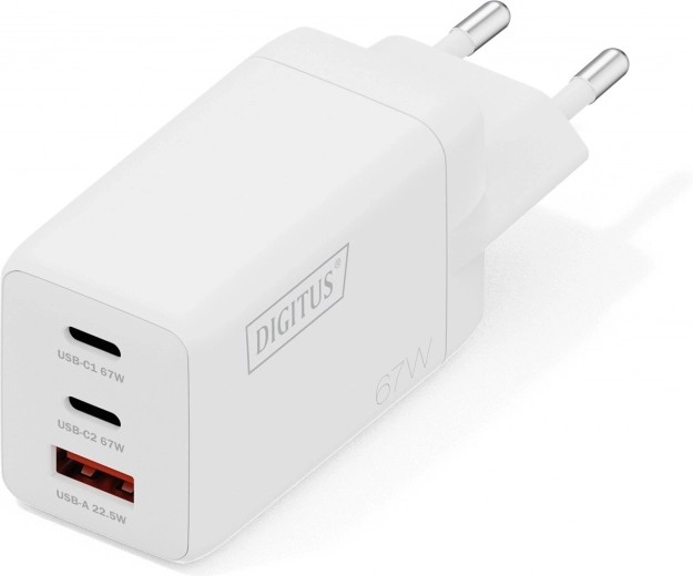 Omrežni USB GaN polnilnik 67 W, 2× USB‑C in 1× USB‑A, bel