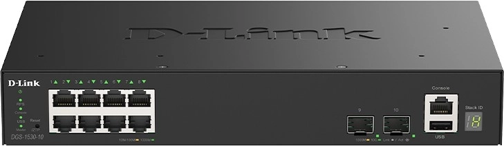 Pametno upravljano stikalo D-Link DGS-1530-10/E z 8 gigabitnimi priključki in 2 priključkoma 10G SFP+