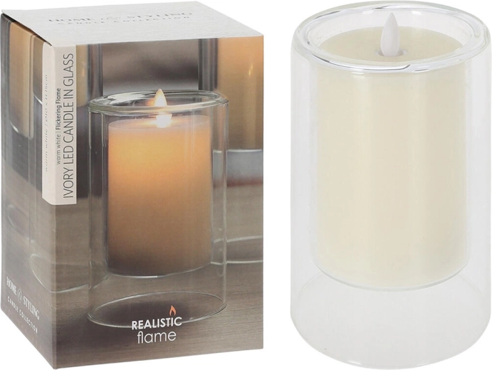 LED sveča v steklu Ivory 10 × 15 cm z utripajočim plamenom