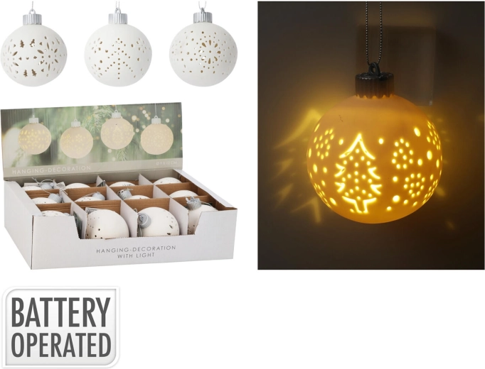 Viseča LED dekorativna krogla 10 cm – bela, mešanica motivov