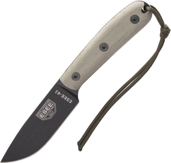 ESEE 4HM survival knife with 11 cm blade, black coating, olive Micarta, leather sheath