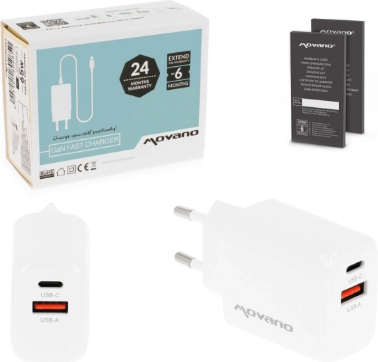 Movano GaN wall charger 20 W USB-C PD + USB-A white