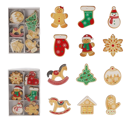 Set 18 lesenih božičnih okraskov v obliki medenjakov