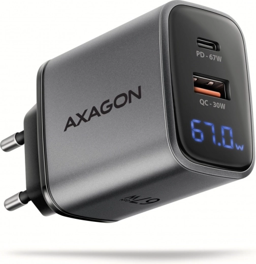 Omrežni polnilnik AXAGON GaN 67 W z USB‑C PD in USB‑A QC, LED zaslon