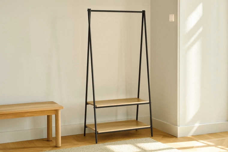 Prostostoječi garderobni stojalo z 2 policama 80 × 40 × 160 cm, kov in les, loft dizajn