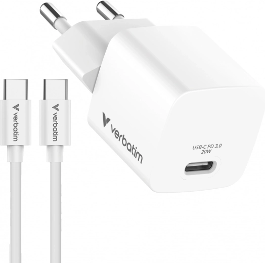 Verbatim mini GaN polnilnik 20 W s kablom USB-C 1 m
