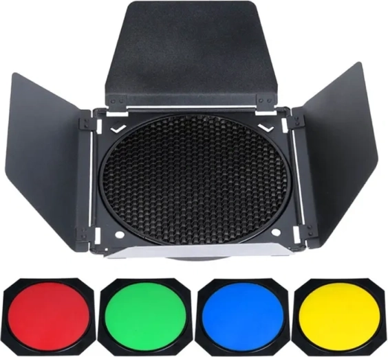 Godox BD-04 set of barn doors, honeycomb grid and color filters for a 7" reflector