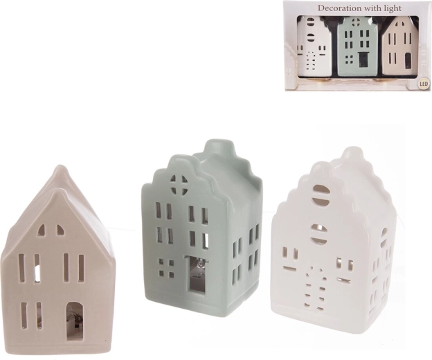 Porcelanaste LED hišice, komplet 3 kosov