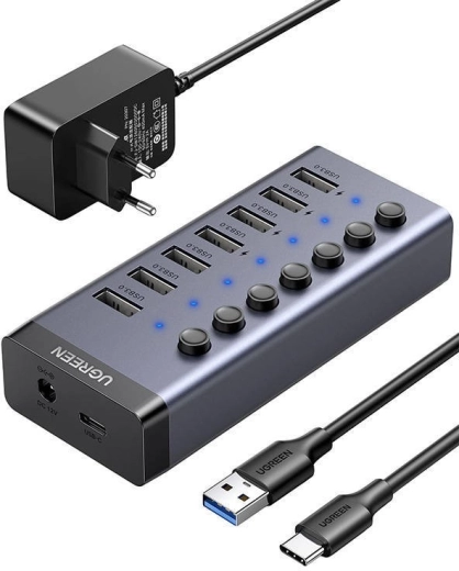UGREEN USB-hub 7v1 USB-C s 7× USB 3.0 in hitrim polnjenjem – 1 kos