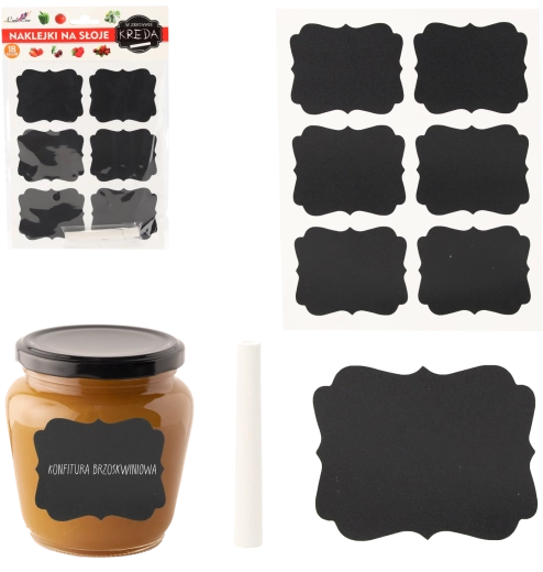 Komplet samolepilnih tabličnih etiket za kozarce 6,5 × 5,5 cm, 18 kosov s kredo