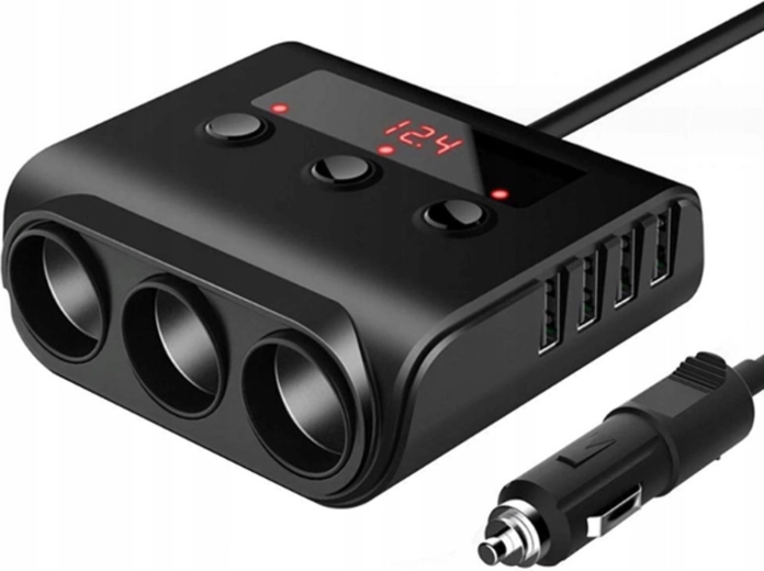 Razdelilnik za avtomobilski vžigalnik 12–24 V s 3 vtičnicami in 4× USB (QC 3.0/USB‑C PD) - 1 kos
