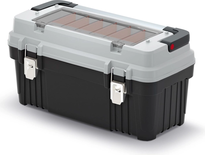 Škatla za orodje OPTIMA s kovinskim ročajem in zapahi, predelki, 586 × 296 × 305 mm, siva