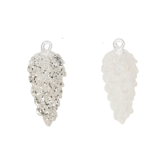 Steklena božična okrasna bela storž, različni vzorci, komplet 6 kosov