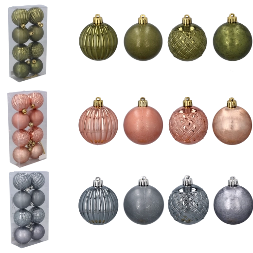 Komplet božičnih krogel 6 cm – olivni, bakreni in grafitni toni, 8 kosov