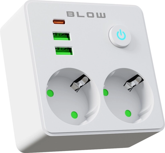 BLOW razdelilnik za vtičnico z 2 vtičnicama, 2× USB in USB‑C, bel