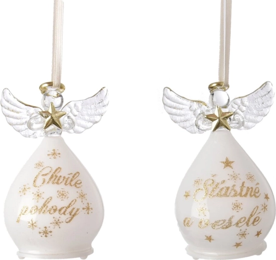 Viseča steklena božična dekoracija angel z LED osvetlitvijo 14 cm (2 različici)