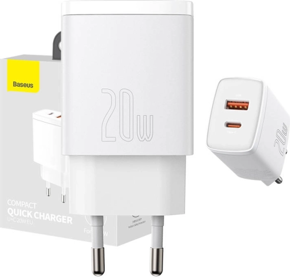 Baseus 20W omrežni hitri polnilec z USB‑C in USB (črna)