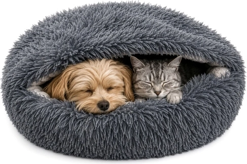 Purlov plush bed for dog and cat 70 × 60 cm 2-in-1 with hood, gray