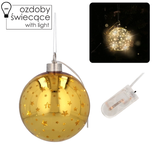 Steklene božične krogle 10 cm z zlatimi zvezdicami in LED osvetlitvijo, komplet 6 kosov