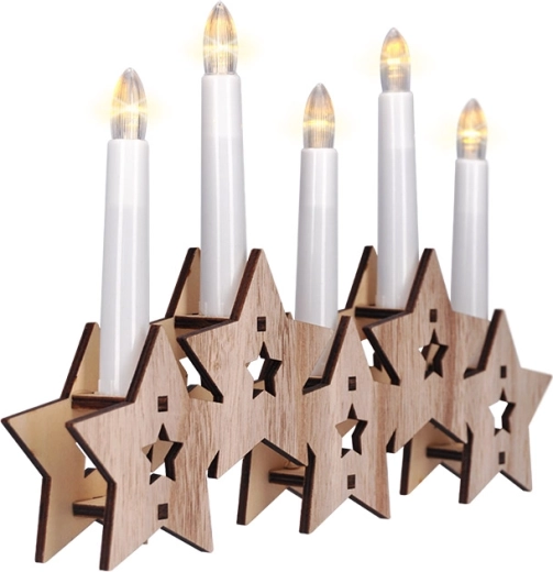 Solight LED wooden candle bridge with star decor, 5× LED, natural wood, battery powered - 1 piece