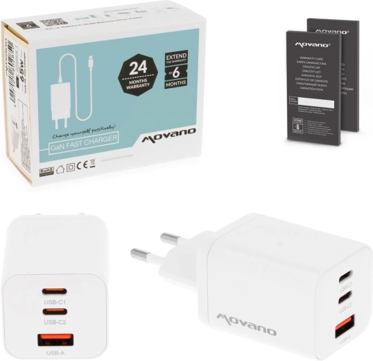 Movano GaN polnilnik 65 W, 2× USB-C PD + USB-A bel