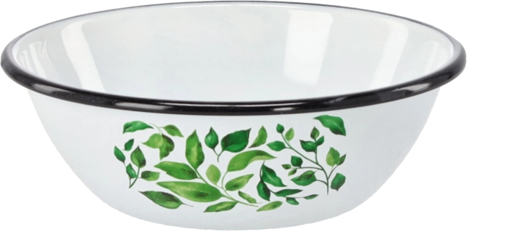 Emaliirana skleda 0,6 l, premer 16,5 cm, bela z motivom fikusa