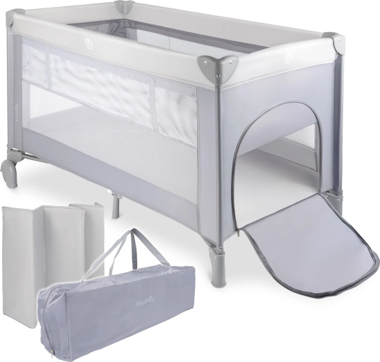 Potovalna posteljica PILO, siva, 2 ravni ležišča