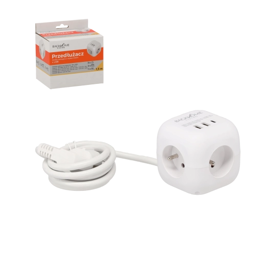 Razdelilna kocka 3×230 V in 3× USB, 1,5 m, bela