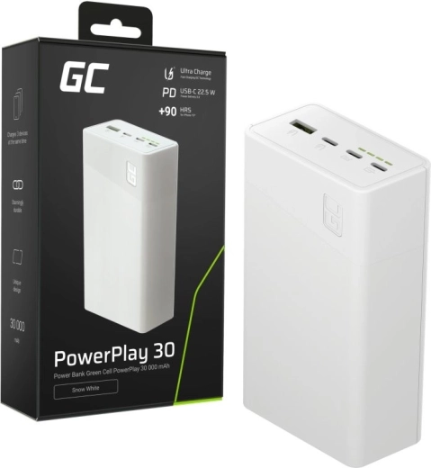 Power banka 30000 mAh, 22,5 W, 4 priključki, bela