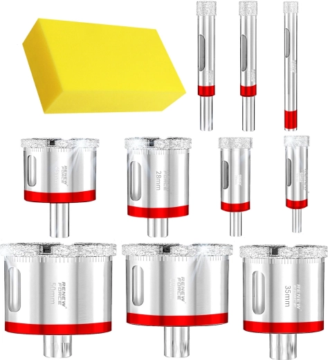 Renew Force set of diamond hole saw core drill bits 10 pcs (6–68 mm) with cooling sponge