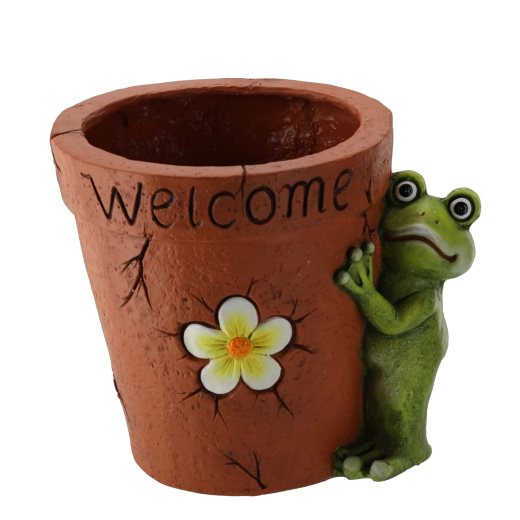 Vrtni lonček z žabo in rožo Welcome