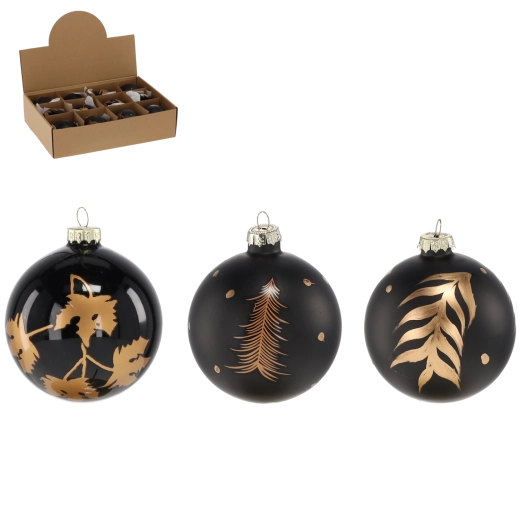 Steklene božične krogle 8 cm – črne z dekorjem, komplet 12 kos