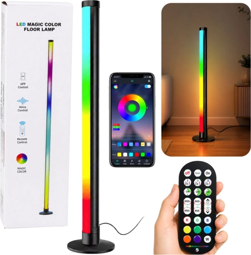 RGB LED kotna stoječa svetilka 90 cm z glasbenim načinom, aplikacijo in daljinskim upravljalnikom