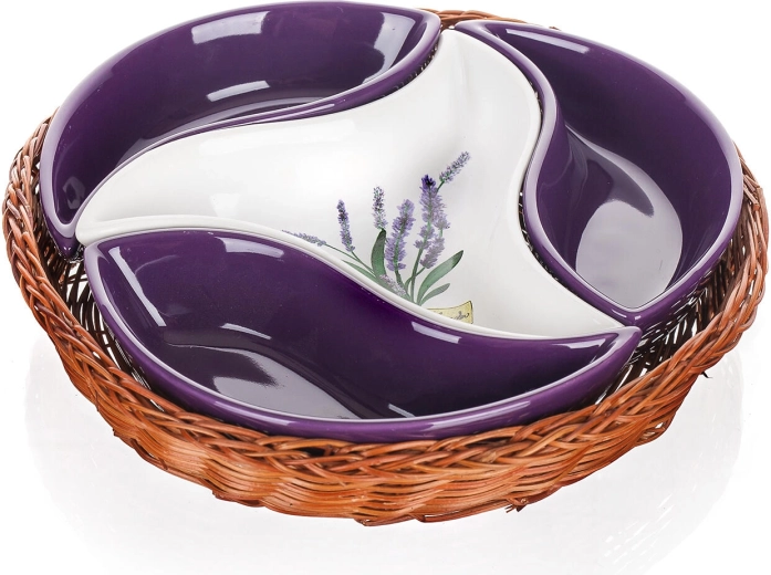 Komplet servirnih skled LAVENDER v pletenem košaricu, premer 23 cm
