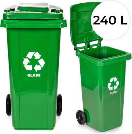 Zabojnik za steklo 240 l z gumijastimi kolesi, zelen