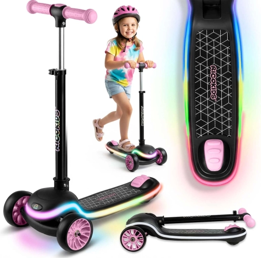 Otroški trikolesni balansski skiro z LED osvetlitvijo RICOKIDS Leddi – črno‑rožnat
