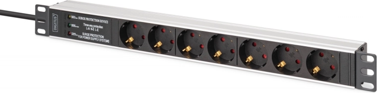 19" rack PDU with surge protection and EMI/RFI filter, 7 Schuko outlets, 2 m cable, CEE 7/7 plug, 16 A