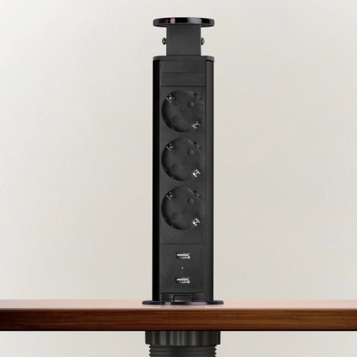 Retractable desktop power strip with 3 sockets and USB