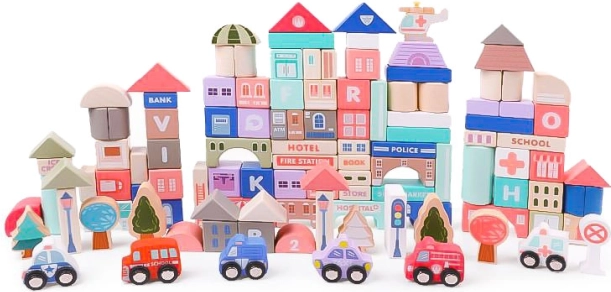 Lesene izobraževalne kocke mesto s podlogo 115 kos ECOTOYS