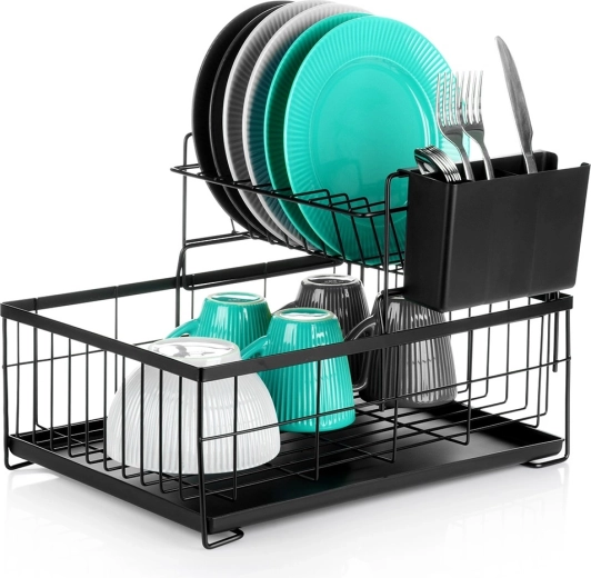 Dvostopenjsko kovinsko odcejalo za posodo, črno 42 × 28 × 28 cm