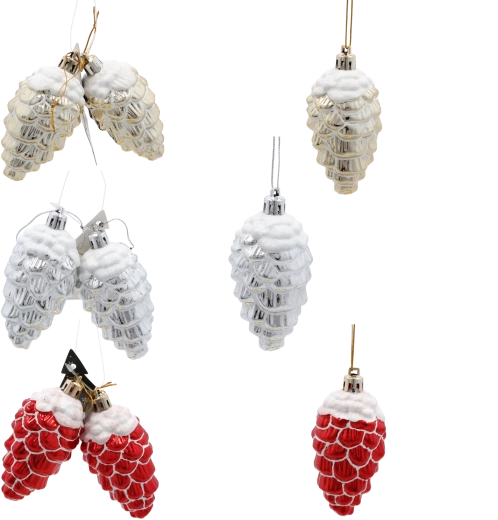 Set božičnih okraskov storž 9 cm – sijoče plastični v zlati, srebrni in rdeči