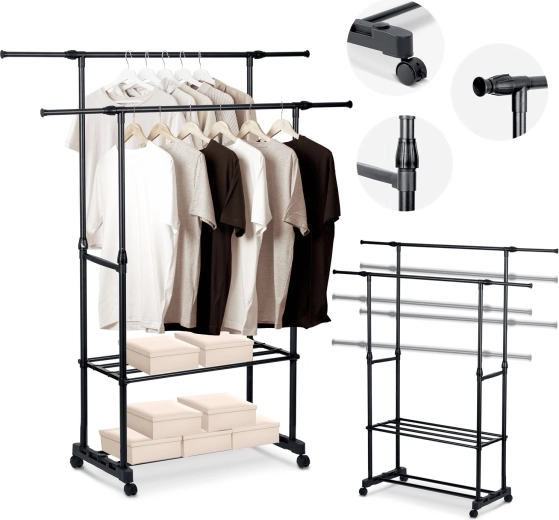 Samostoječi obešalnik za oblačila Massido, črn, s kolesi in policami