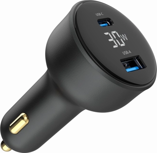 Hiter avtoadapter polnilec 30 W z LCD, USB‑C PD in 2× USB‑A, črna