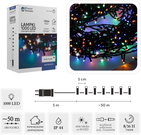 Christmas LED light string 1000 LEDs multicolor with cool white flash 50 m (3 m power lead) - 1 piece