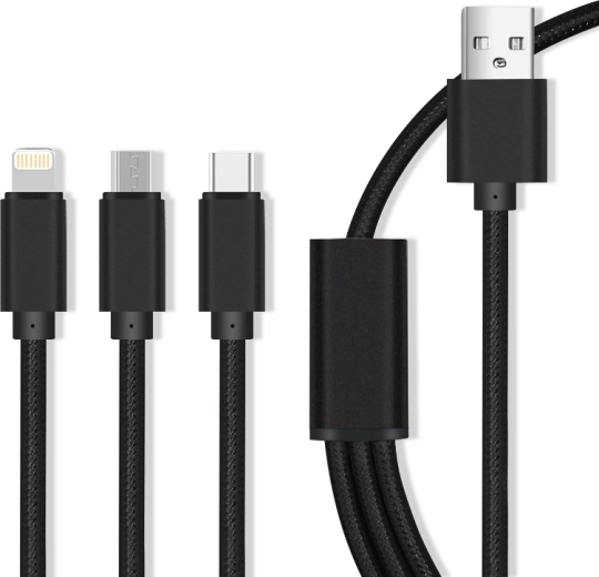 Maxlife najlonski polnilni kabel 3v1 Micro USB / USB‑C / Lightning 2,1 A, črn