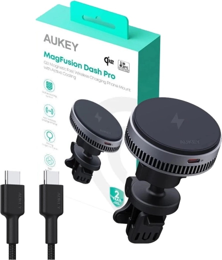 Aukey MagFusion Dash Pro magnetno avtomobilsko držalo Qi2 z aktivnim hlajenjem