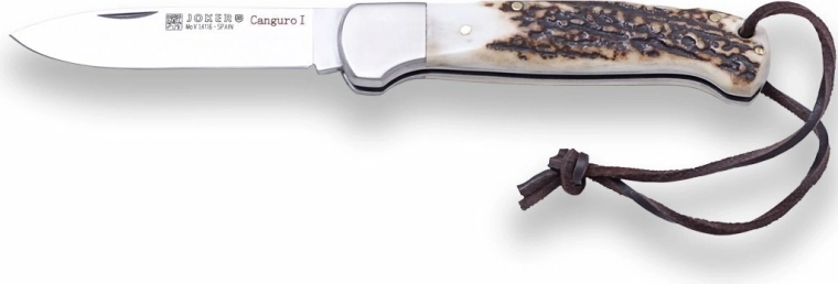Joker Canguro žepni lovski nož 8,5 cm, rog, usnjena vrvica