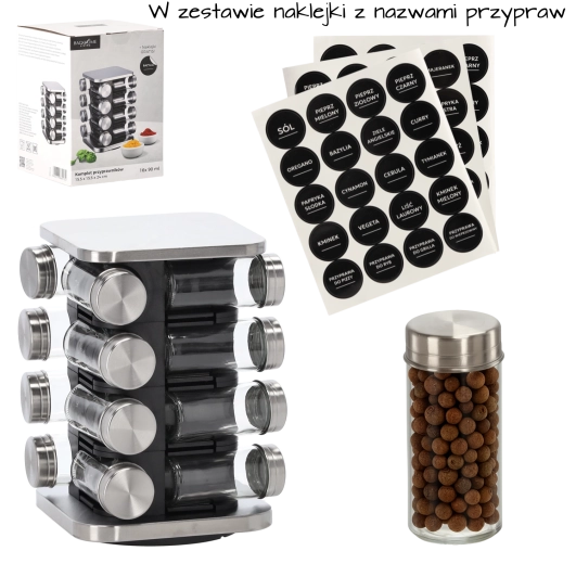 Kvadratno vrtljivo stojalo za začimbe 15,5 × 15,5 × 24 cm z 16 stekleničkami za začimbe, črno‑srebrno