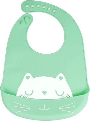 Silikonski slinček z žepkom za otroke - zelen, mačka